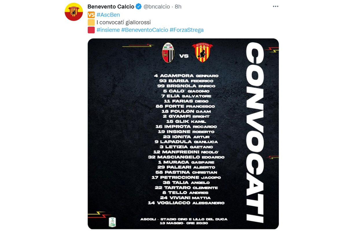 Lista de convocados del Benevento para duelo con Ascoli por Play-Off de Serie B.