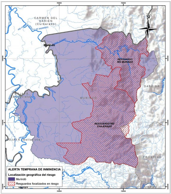 Mapa de alerta gestionado por la Defensoría del Pueblo para dar cuenta de los riesgos de las comunidades indígenas en Murindó, Antioquia.