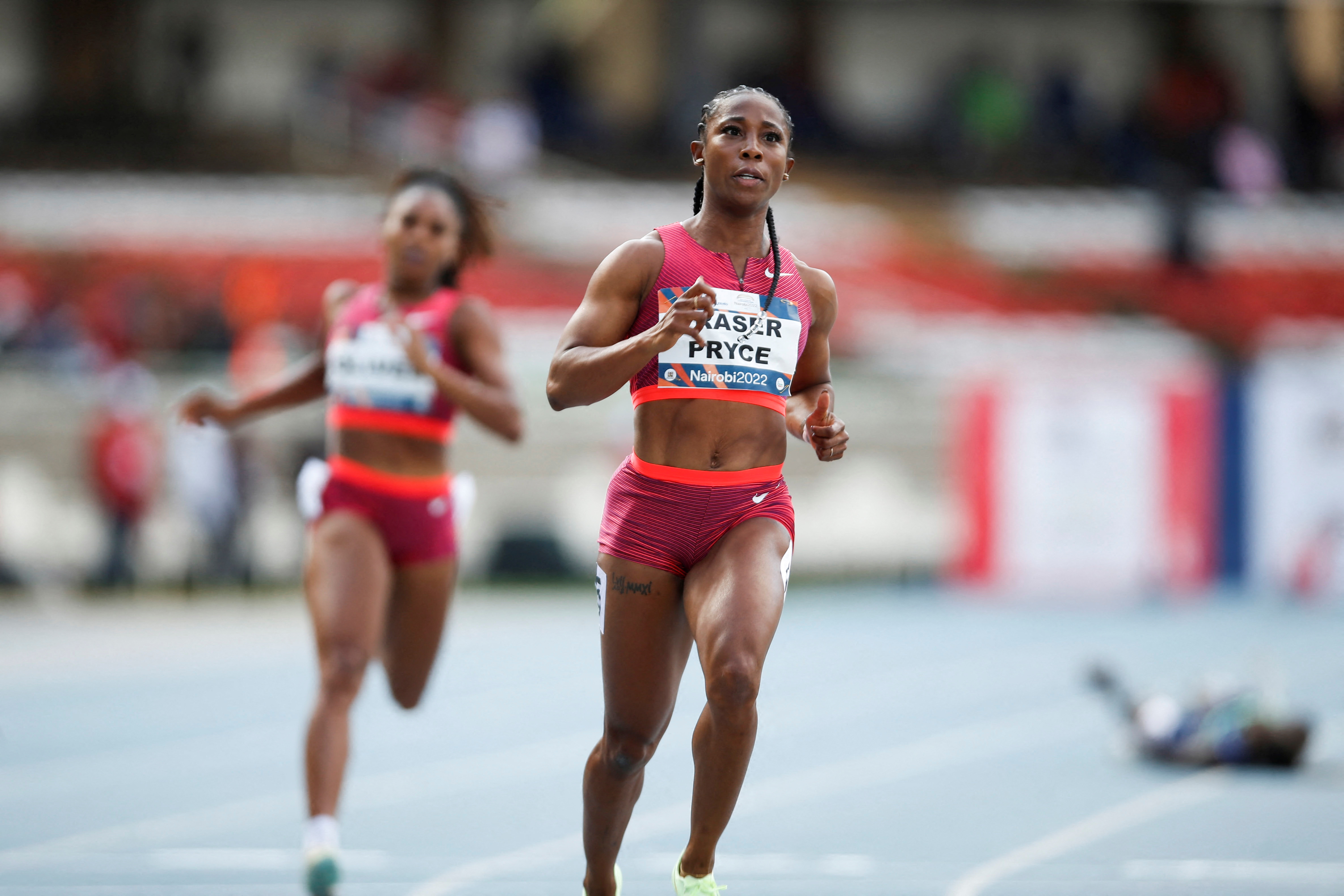 Jamaica's Shelly-Ann Fraser-Pryce competes in the women's 100 meters race during the third edition of Kip Keino Classic at the Kasarani stadium in Nairobi, Kenya May 7, 2022. REUTERS/Monicah Mwangi