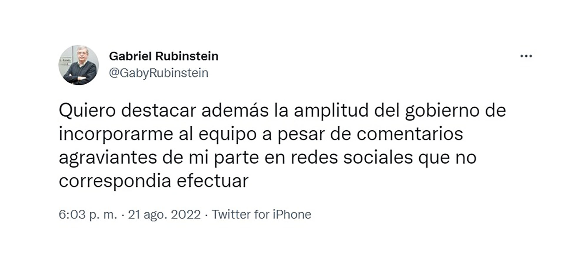 Rubinstein y un "mea culpa" por sus tuits contra la vicepresidenta Cristina Kirchner