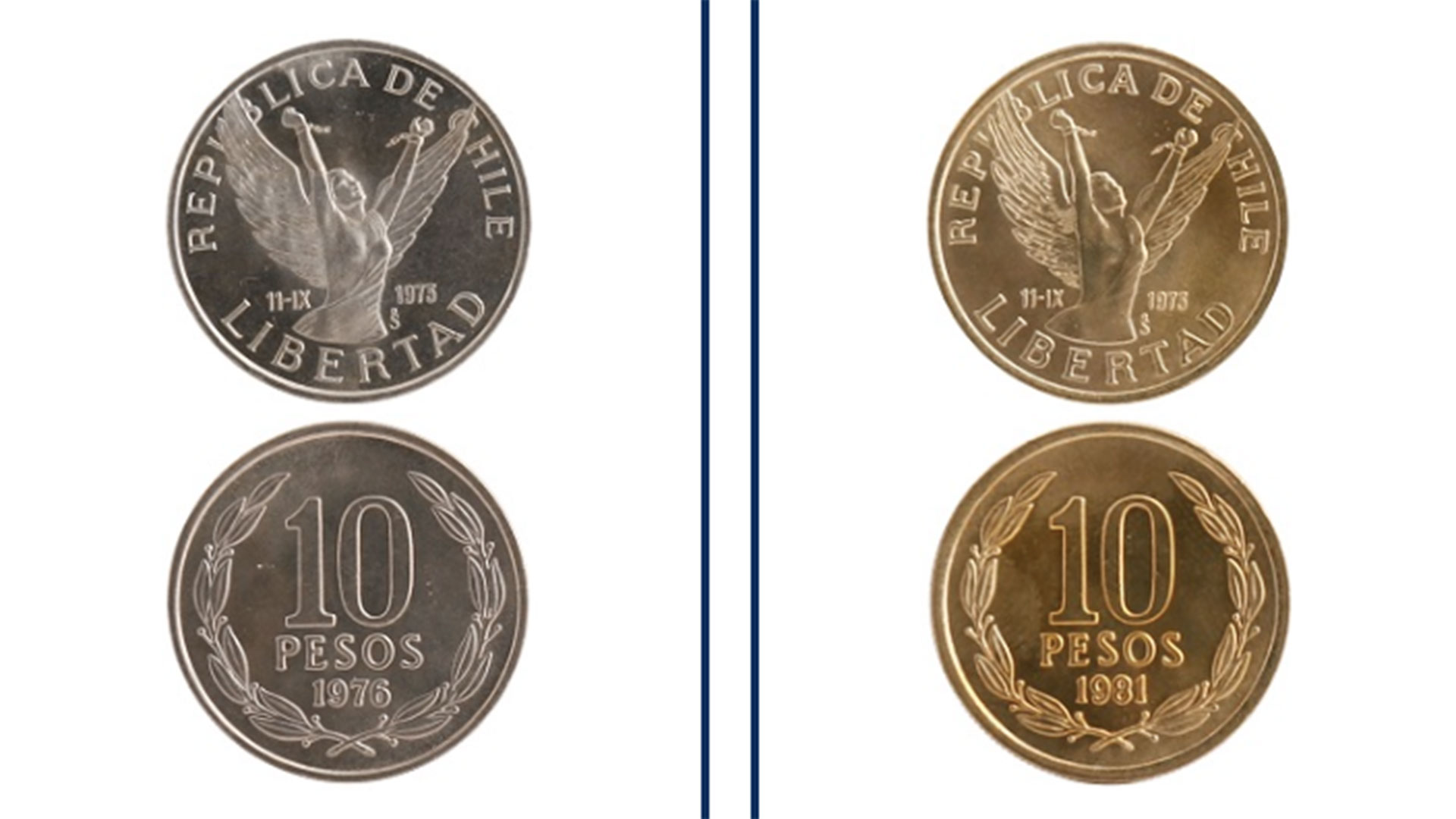 La figura del Ángel de la Libertad tiene todo un simbolismo para los fanáticos de Pinochet: estas monedas se acuñaron para celebrar el Golpe. 