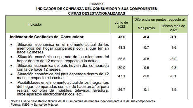 En junio de 2022 el Indicador de Confianza del Consumidor fue de 43.6 puntos, presentó una disminución mensual de 0.4 puntos, y de 1.1 puntos en su referencia anual. (FOTO: Inegi)
