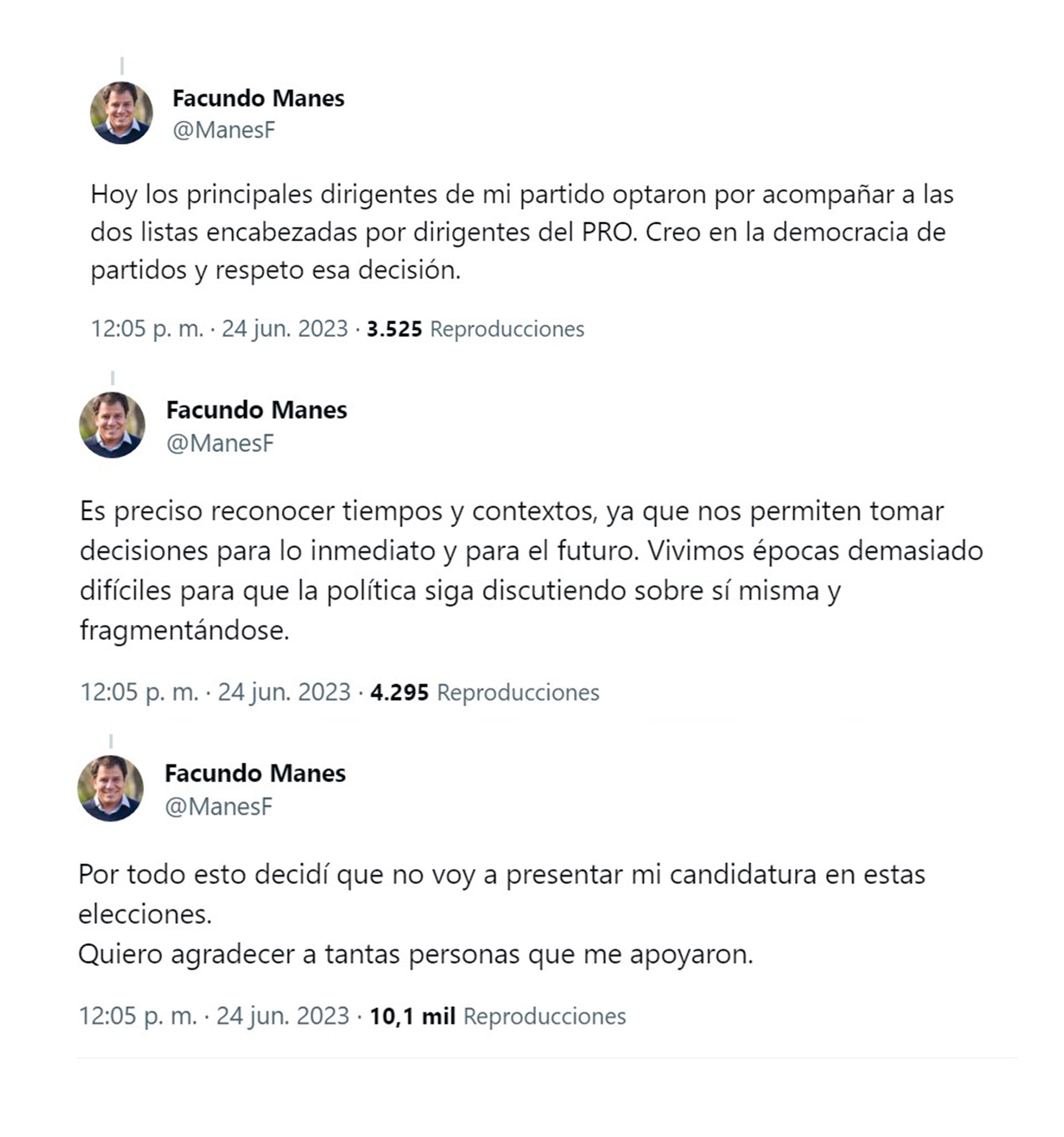 Los tuits de Facundo Manes donde anunció que bajaba su candidatura