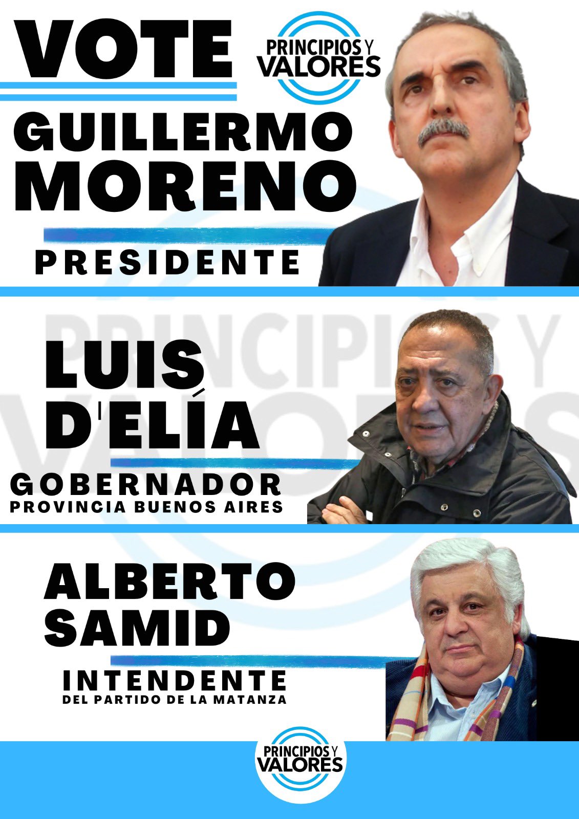 Principios y valores. Los tres candidatos principales: Moreno, D'Elía y Samid. Los tres lidiaron en los tribunales con causas judiciales y recibieron condenas. Algunas fueron cumplidas y otras están en trámite