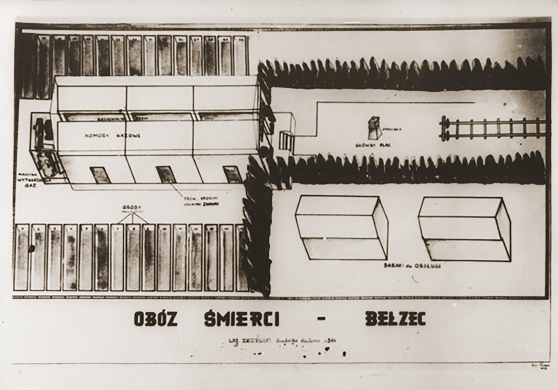 Boceto  de la distribución del campo de exterminio de Belzec realizado por el sobreviviente Rudolf Reder (Museo Conmemorativo del Holocausto de los Estados Unidos)