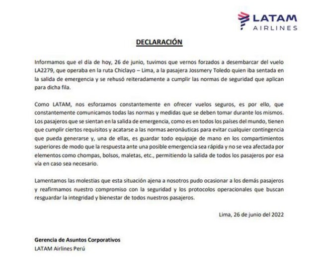 Aerolínea Latam envía comunicado tras incidente con Jossmery Toledo. (Foto: Difusión)