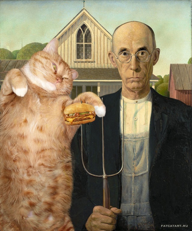 El felino de ocho kilos invade la obra 'American Ghotic' del pintor Grant Wood (Instagram Fat Cat Art)