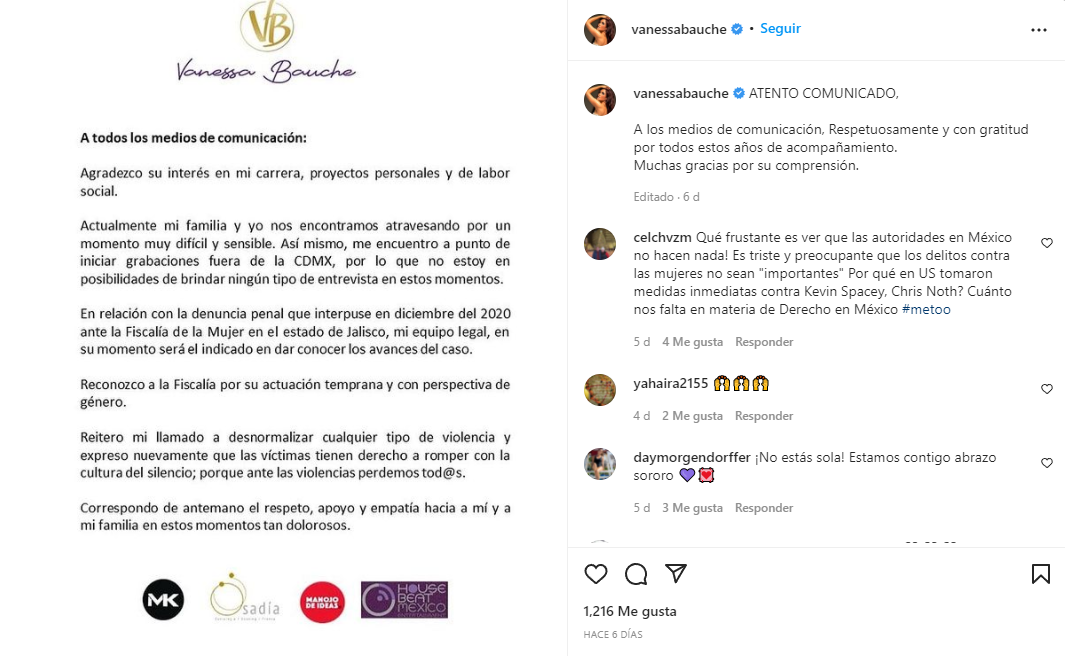Vanessa Bauche refrenda su denuncia pública en contra de Pascacio López Foto: Instagram/@vanessabauche