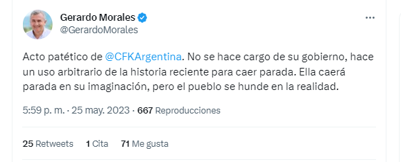 Gerardo Morales tuiteó contra la vicepresidenta.