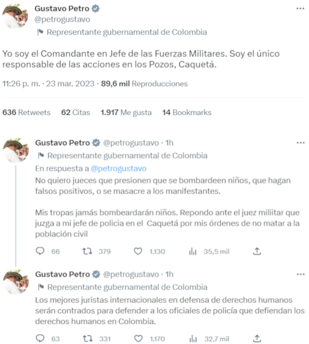 El presidente Petro señaló que responderá por el comandante de Policía en Caquetá, el coronel Javier Antonio Castro, tras los hechos en Los Pozos. (Captura de pantalla)
