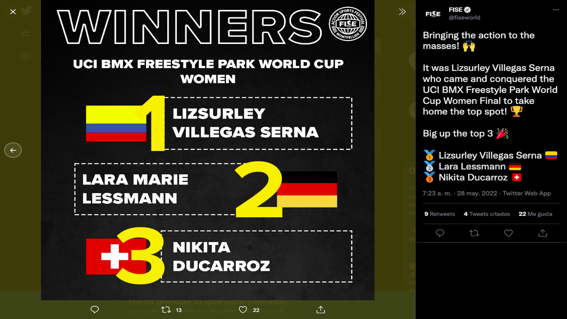 FISE anuncia ganadores del mundial de BMX femenino en Francia / (Twitter: @fiseworld)