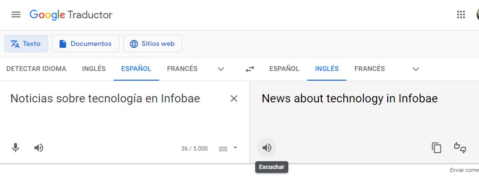 Escuchar la pronunciación en Google Translate (Captura)
