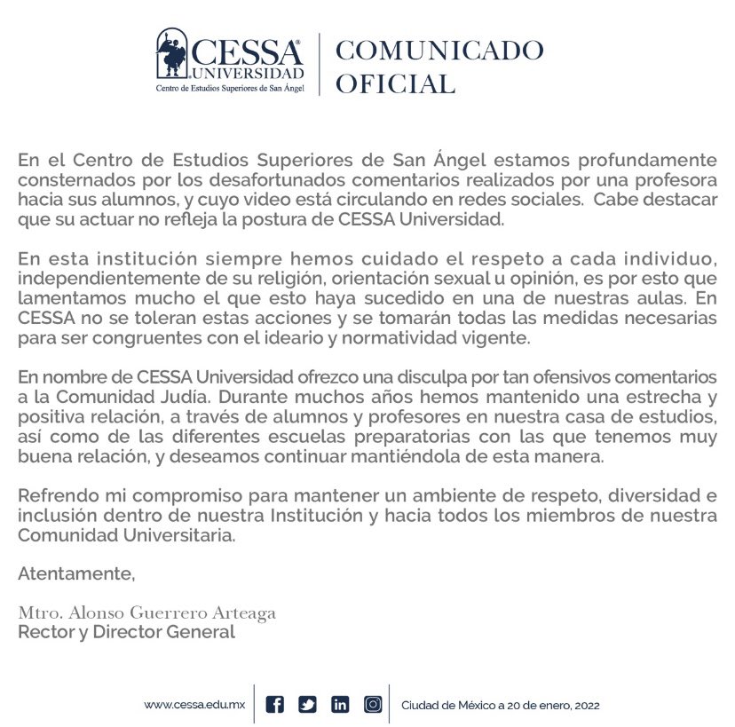 La universidad CESSA emitió un comunicado firmado por el rector y director general, el Maestro Alonso Guerrero Arteaga, sobre lo sucedido en una de las clases que imparte la institución. (Imagen: Twitter/ @CESSAMX)