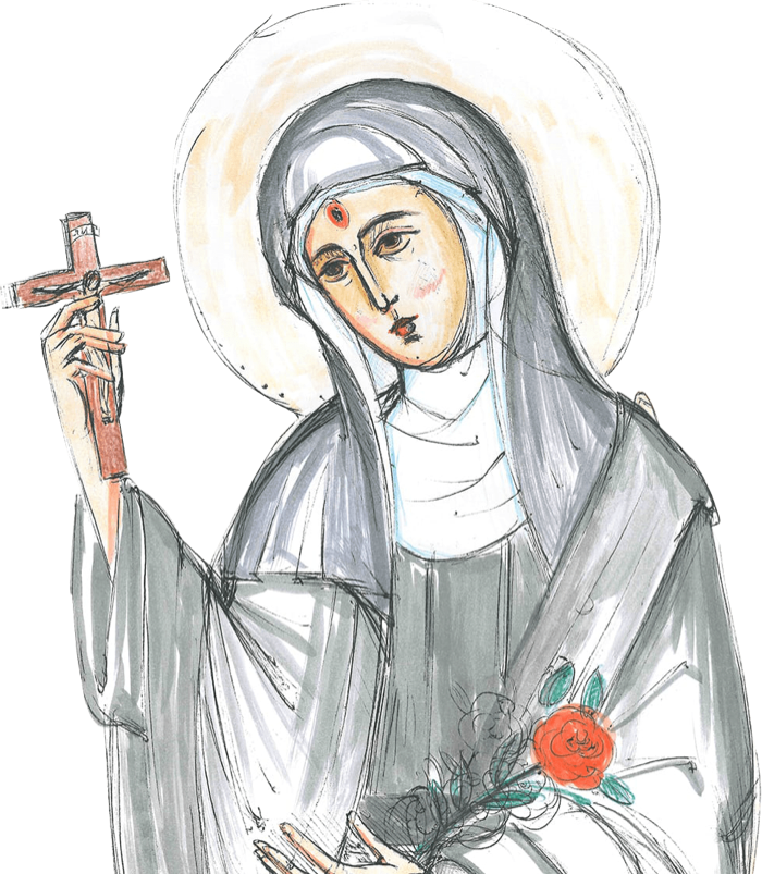 La santa de las causas urgentes con la llaga en la frente y una rosa roja en la mano