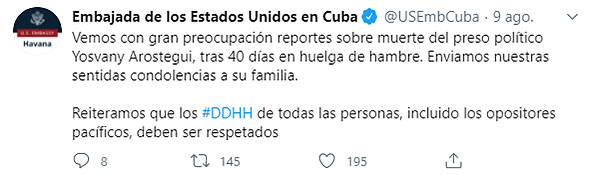 El tuit de la Embajada de EEUU