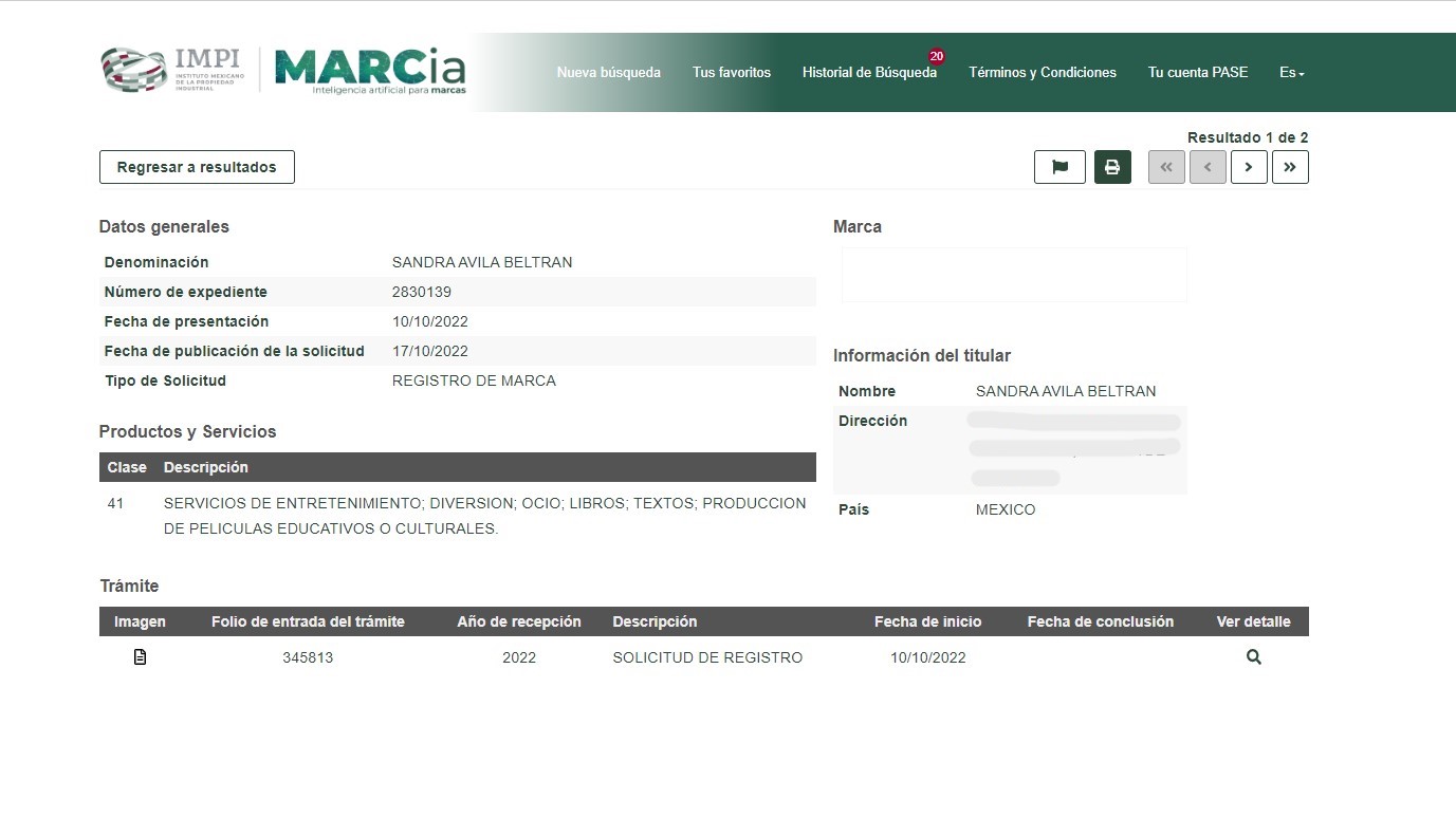 Sandra Ávila Beltrán solicitó convertir su nombre en marca registrada en 2022 (Captura de pantalla)