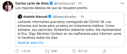 El periodista Loret de Mola deseó pronta recuperación al presidente López Obrador (Foto: Twitter)