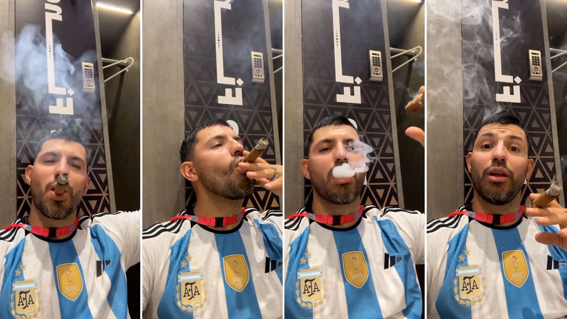 Las locuras del Kun Agüero en el festejo de Argentina: su momento con el trofeo, habano en el vestuario y mensaje a los “anti Messi”