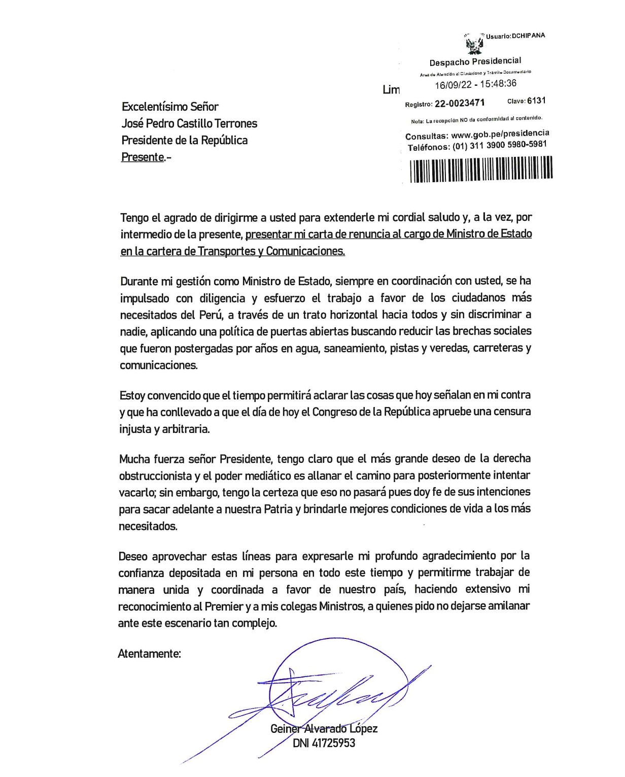 Carta de renuncia de Geiner Alvarado.