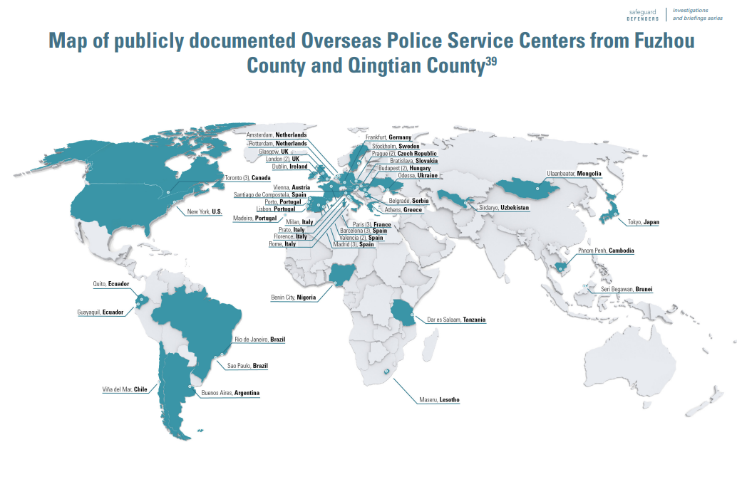 Map of Chinese illegal police stations in the world (Safeguards Defenders)