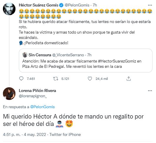 Tras la confrontación, Suárez respondió el tuit de Serrano, llamándolo "periodista domesticado" (Foto: Twitter)