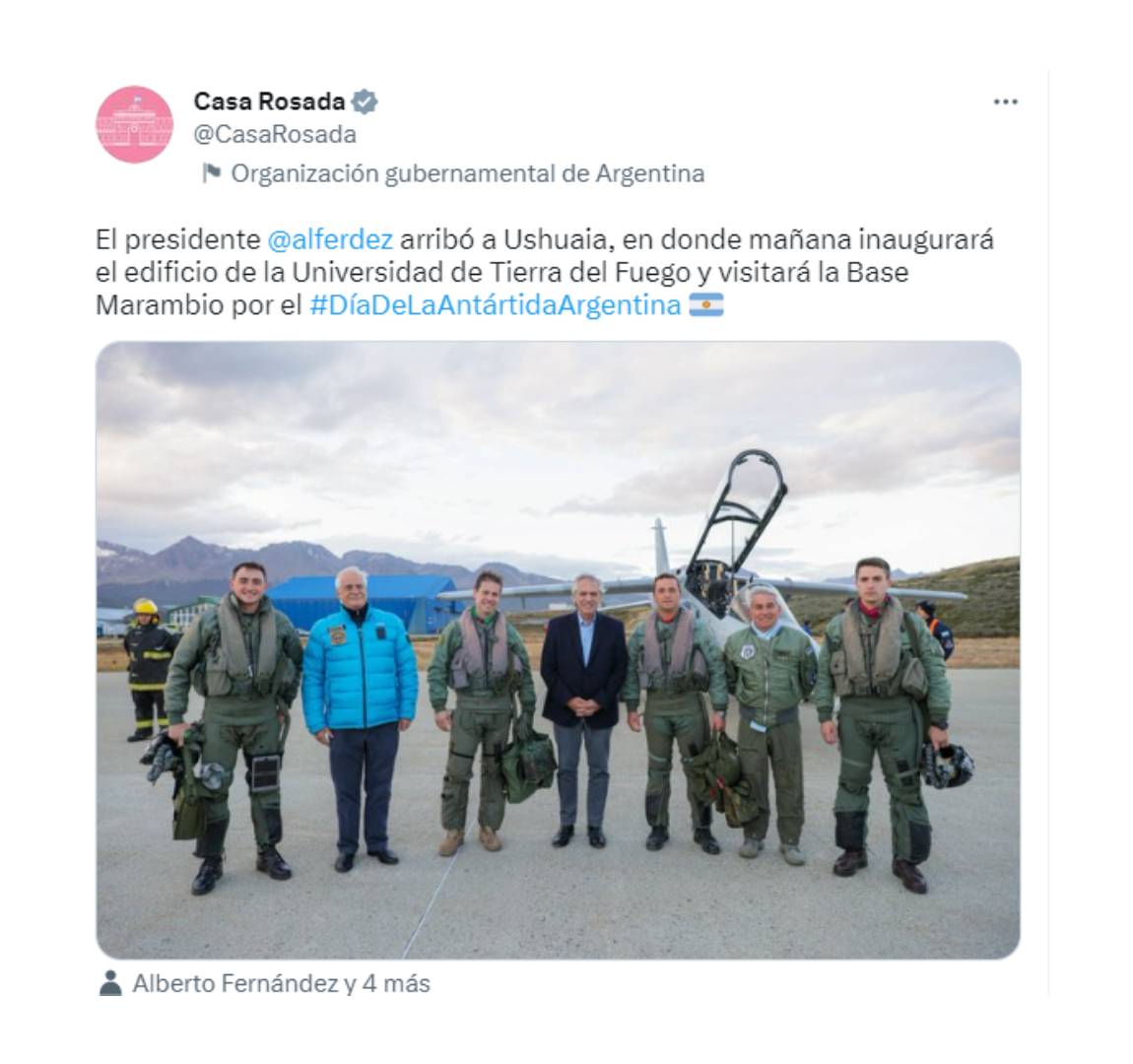 Alberto Fernández arribó a Ushuaia y luego visitará la Base Marambio (Foto: Casa Rosada)