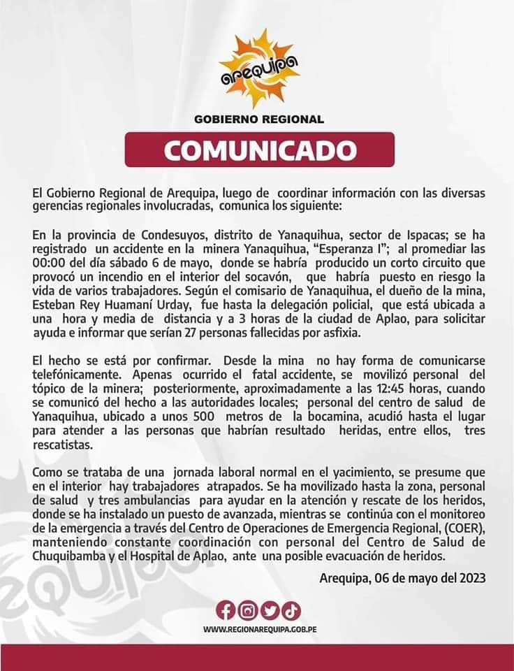 Regional Government of Arequipa, in a statement, reported that they would make 27 people die of suffocation.