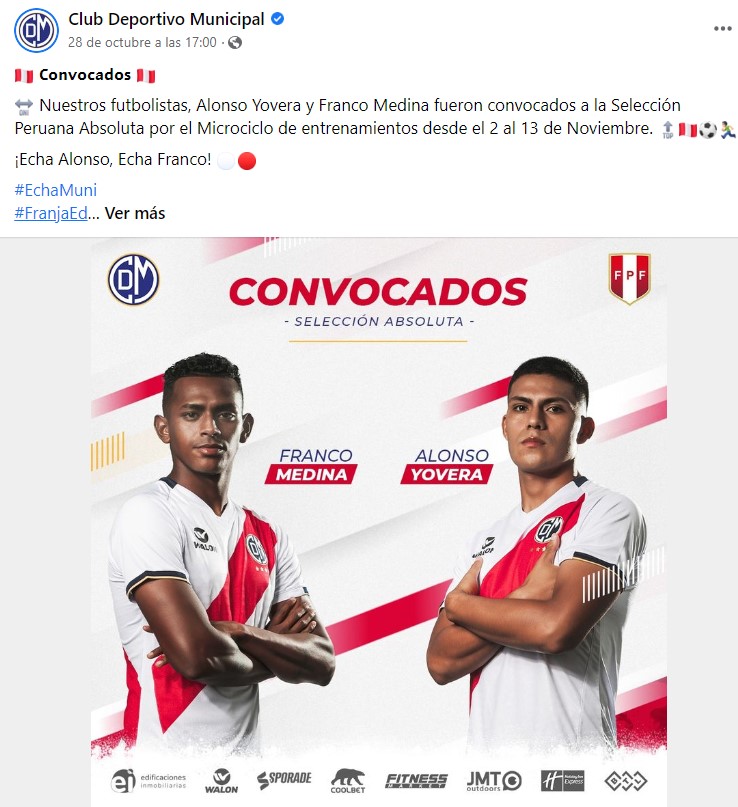 Freddy Yovera y Franco Medina fueron convocados a la selección, pero ahora dejan a Municipal (Facebook).