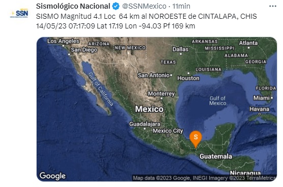 Un sismo de magnitud 4.1 se registró en el estado de Chiapas. (SSN)