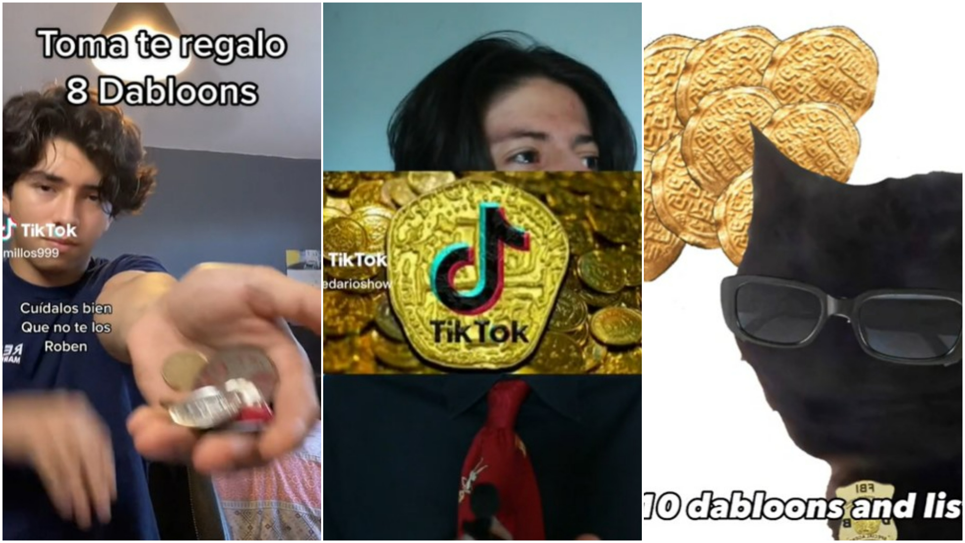Los dabloons son la moneda ficticia que se intercambia por diversión en TikTok (Tiktok/@thedarioshow, @offical..dabloon..fbi y @millos999)