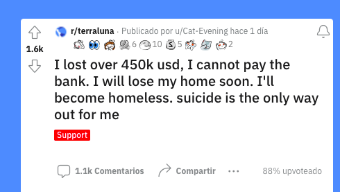 User said he lost $450,000 invested in crypto and now only suicide remains (Photo: Screenshot/Reddit)