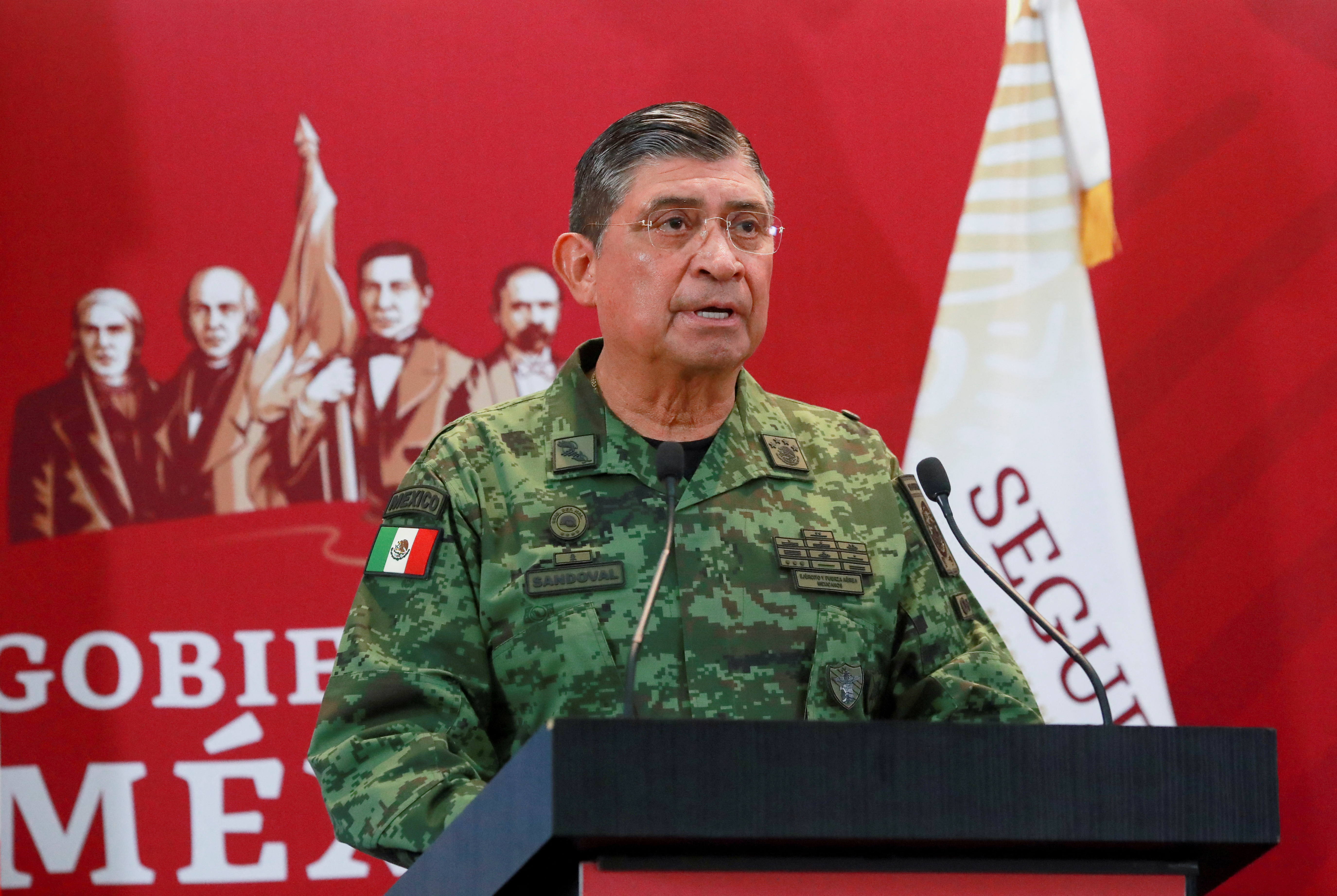 Mexico's Secretary of Defense Luis Cresencio Sandoval speaks during a news conference after Mexican drug cartel leader Ovidio Guzman, a son of incarcerated kingpin Joaquin "El Chapo" Guzman, was arrested by Mexican authorities in Culiacan, In Mexico City, Mexico January 5, 2023. REUTERS/ Henry Romero