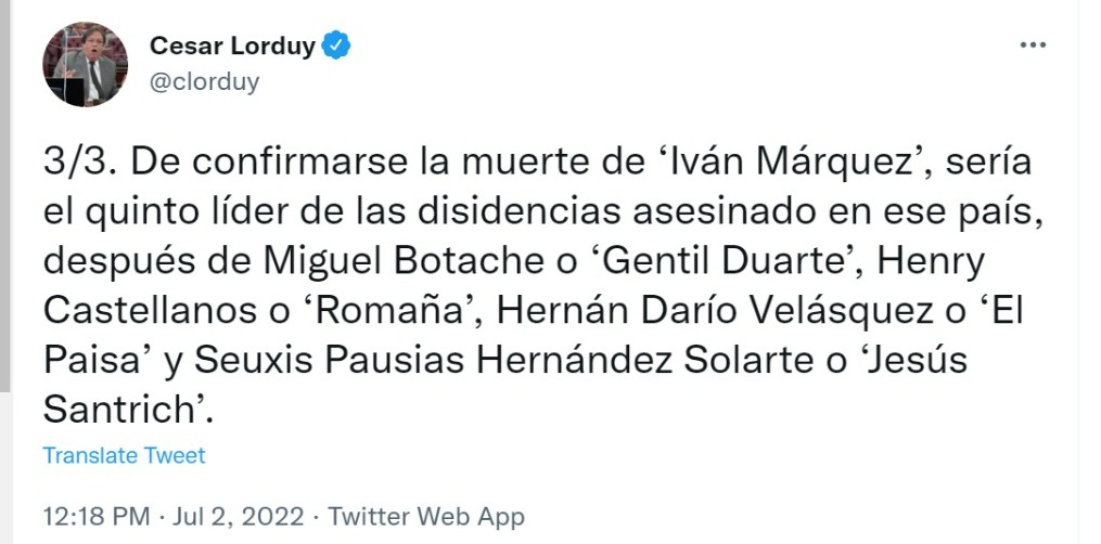 Cesar Lorduy habla sobre la muerte de Iván Márquez. Foto: Twitter @clorduy