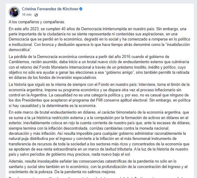 La carta con la que Cristina Kirchner rectificó que no será candidata en 2023