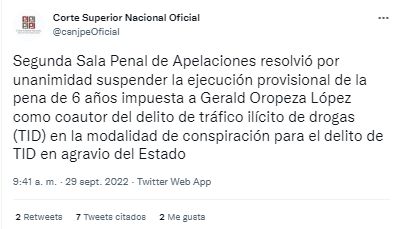 Tuit de la Corte Superior Nacional de Justicia