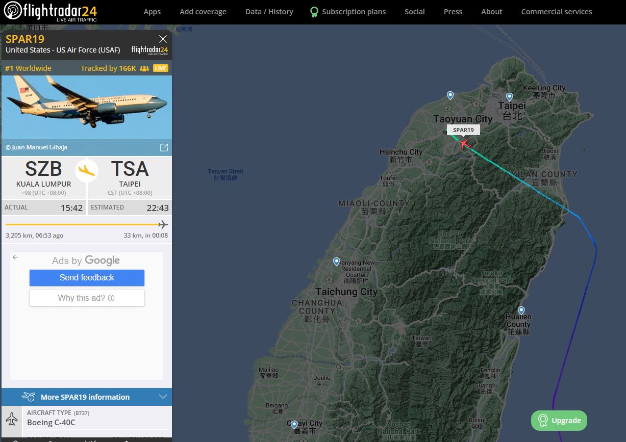 El Boeing C-40 de la Fuerza Aérea de los Estados Unidos que traslada a Nancy Pelosi a Taiwán ya sobrevuela la isla (FlightRadar24)