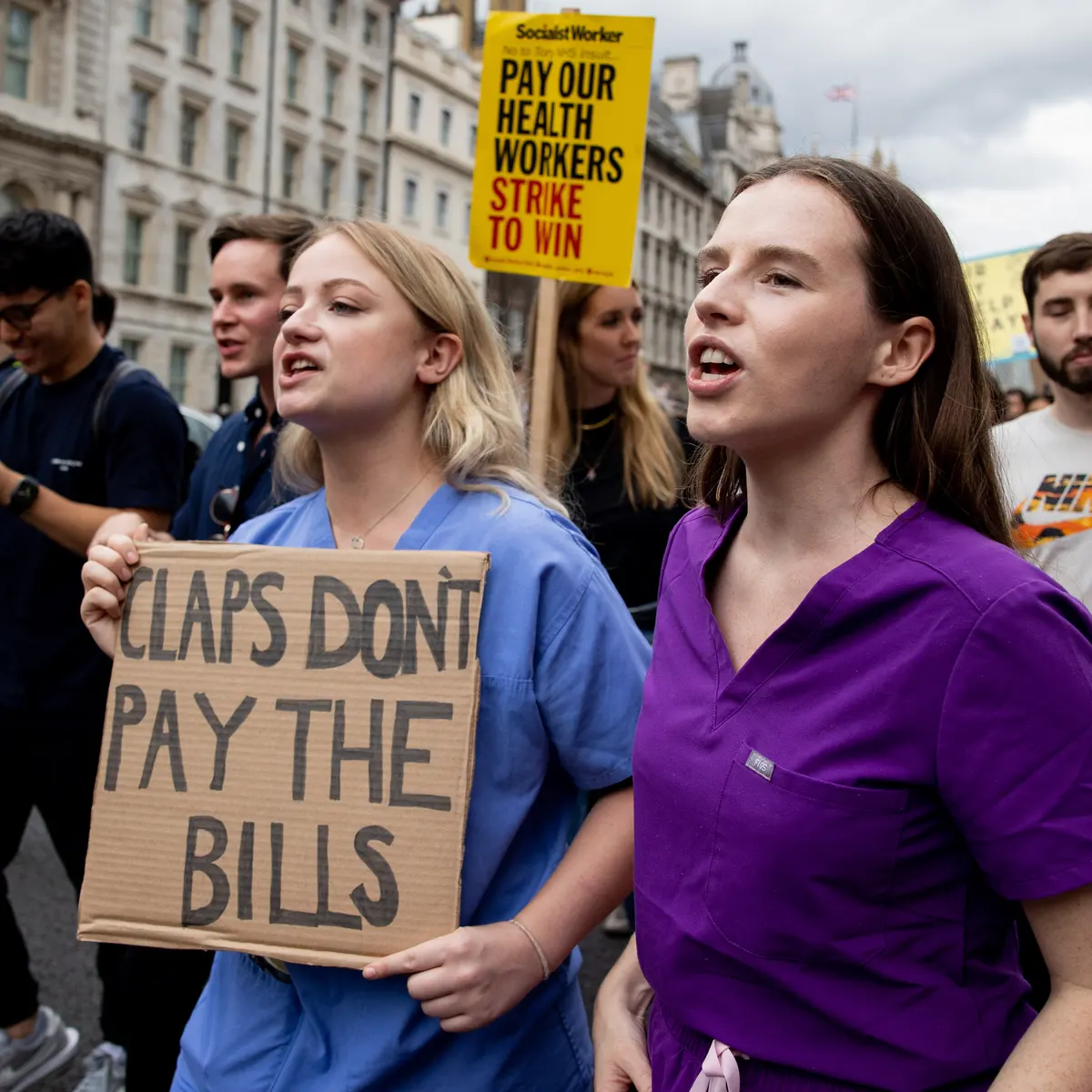 Nurses protest in London earlier in the month.  They demand better wages in the face of rising inflation.  (AP)
