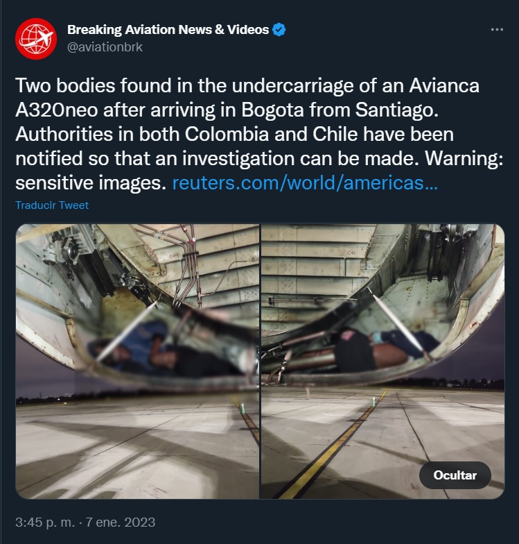 Imágenes de los dos cadaveres que fueron encontrados tras ela terrizaje en El Dorado de un vuelo que cubría la ruta entre Santiago de Chile y Bogotá (Twitter: @aviationbrk)