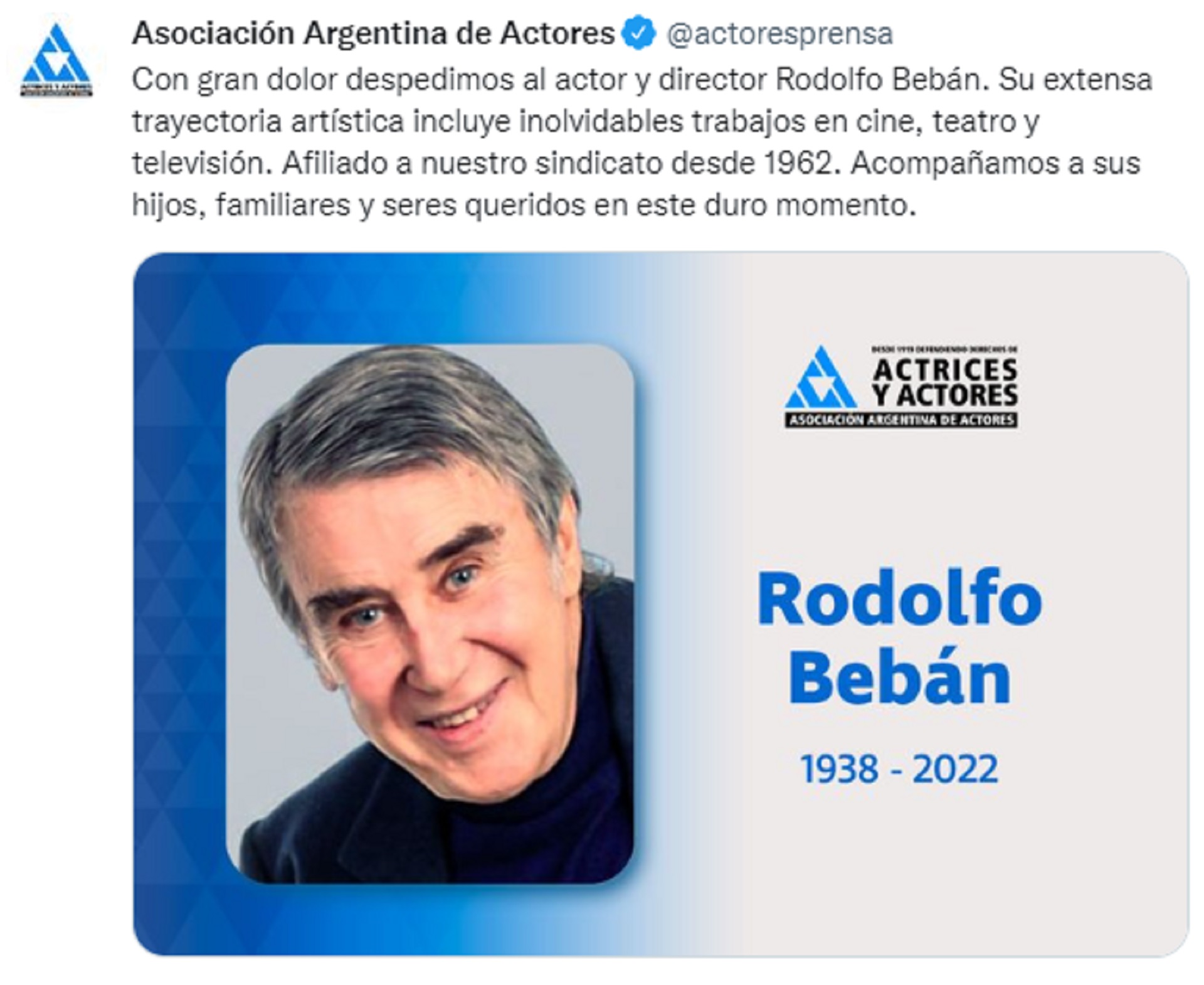 El mensaje de la Asociación Argentina de Actores por la muerte de Rodolfo Bebán