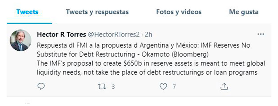 Tuit de Héctor Torres, ex representante argentino en el FMI, quien interpretó las palabras de Okamoto como una respuesta a la propuesta de Argentina y Mëxico