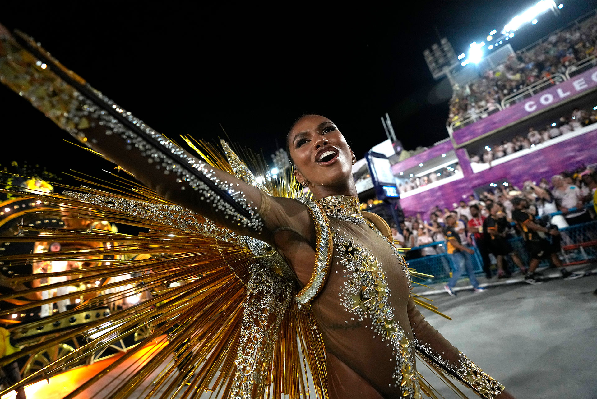 An artist from the Sao Clemente samba school parades during Carnival celebrations at the Sambadrome in Rio de Janeiro