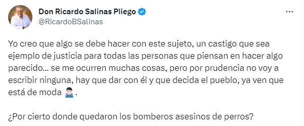 El empresario mexicano expresó su descontento respecto al asesino de "Scooby"

Foto: Captura de pantalla, Twitter/Ricardo Salinas Pliego