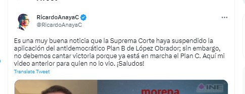Ricardo Anaya se pronunció por la suspensión concedida al Plan B desde la Suprema Corte. (Twitter)