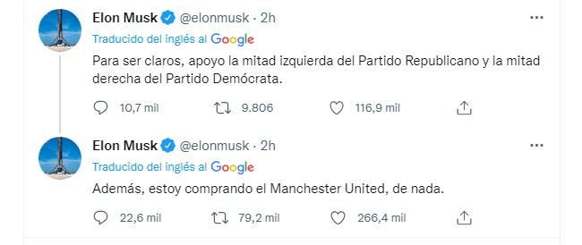 La publicación de Elon Musk sobre el Manchester United que se volvió tendencia en Twitter (@elonmusk)