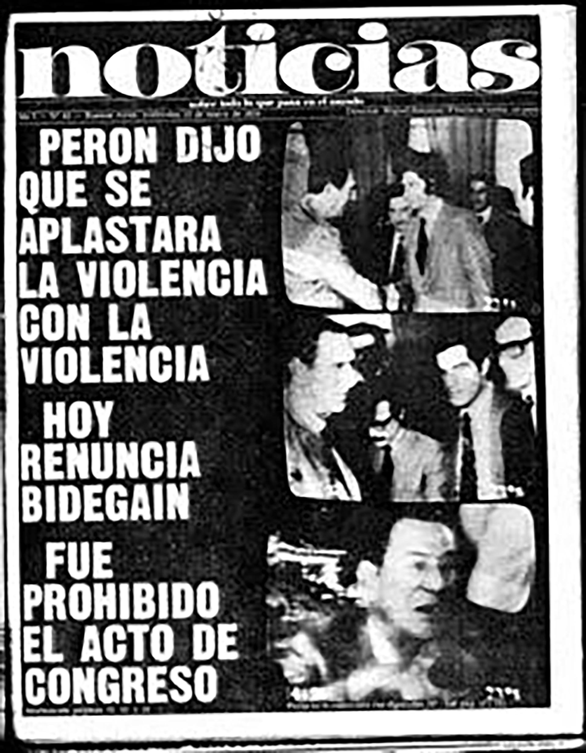 El diario "Noticias sobre todo lo que pasa en el mundo" estaba ligado a Montoneros y titulaba así lo sucedido en la reunión con Perón en Olivos