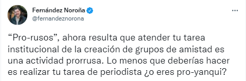 Noroña lamentó que por realizar su tarea institucional se le califique como “pro-ruso” (Foto: Twitter/@fernandeznorona)