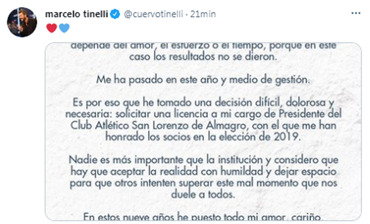 La publicación en redes sociales donde compartió el comunicado