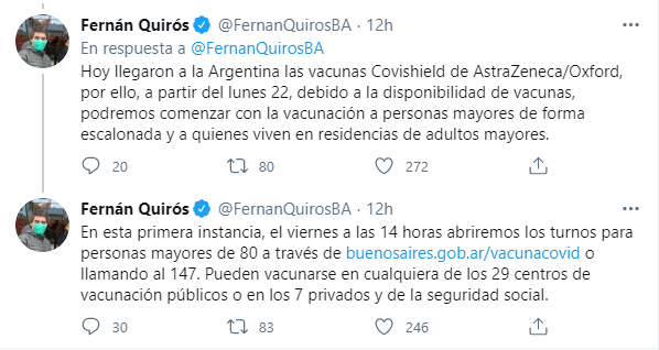 Fernán Quirós se refirió al avance del plan de vacunación (Captura Twitter)