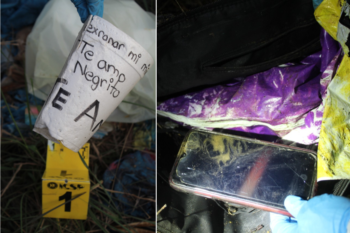 El vaso fue encontrado en el límite del predio con la vía pública, mientras que la bolsa fue hallada bajo la cabeza de Yolanda (Foto: Fiscalía Nuevo León)