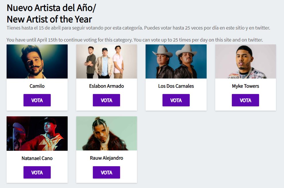 Así es como se puede votar en los premios Latin AMAs (Foto: captura de pantalla/telemundo.com)
